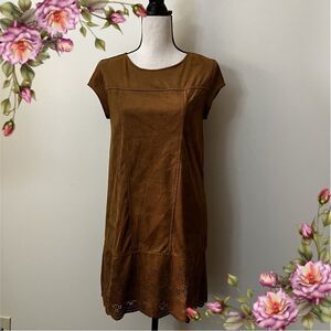 Xhilaration Faux Suede Scoop Neck A-line Cap Sleeve Dress in Cognac Orange Brown